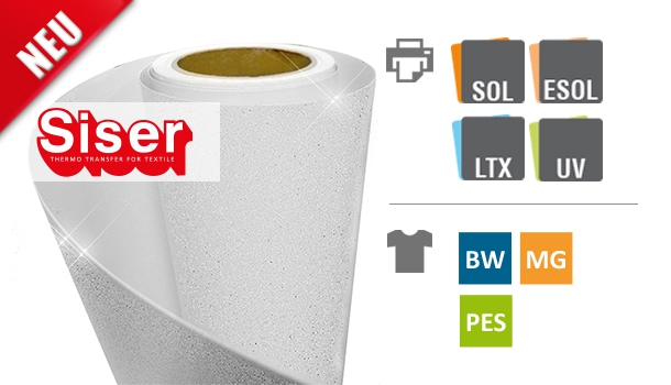 Siser SPARKLEPRINT, 190 µ, white with glitter, 0,5 x 1 m, printable PU-Flexfoil for Latex- / UV- / Eco- / Solvent-Ink